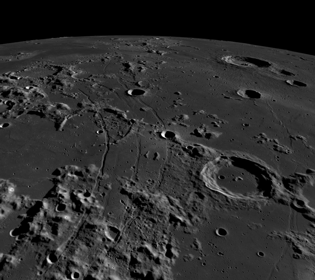 An oblique view of Rimae Hippalus, showing the extent of the graben traversing the Moon's southern hemisphere. 