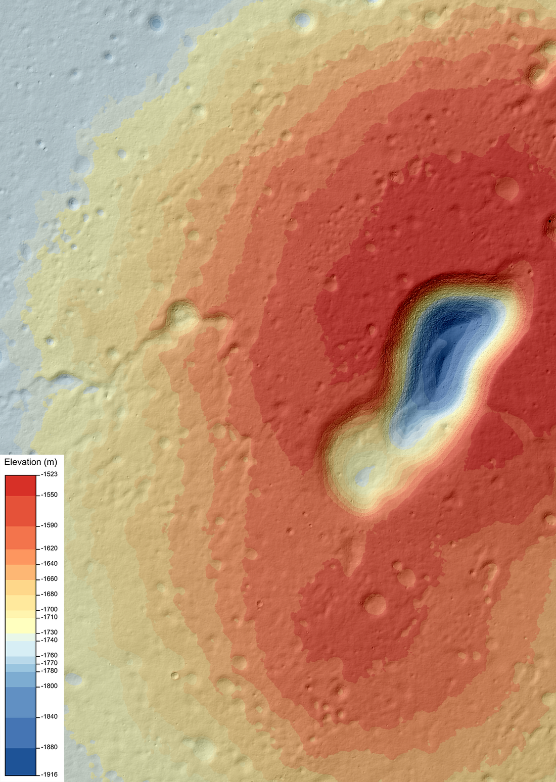This view shows the same area as the previous image, but is overlaid with graduated colors to indicate the elevation of the surface. The outside of the dome's boundaries is colored light blue, which gradually changes to dark red as the elevation increases towards the center of the dome, before sharply falling to dark blue at the bottom of the possible summit pit.